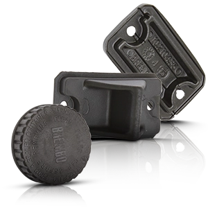 Brembo covers and diaphragms for expansion tanks on motorcycle brake systems in black.